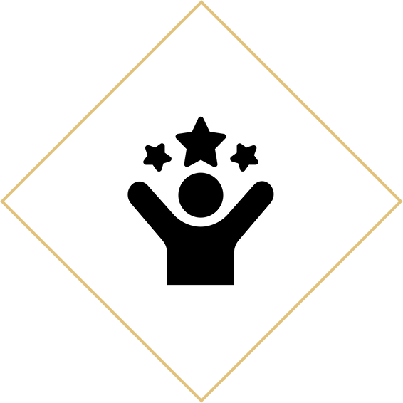Person celebrating with stars overhead icon.