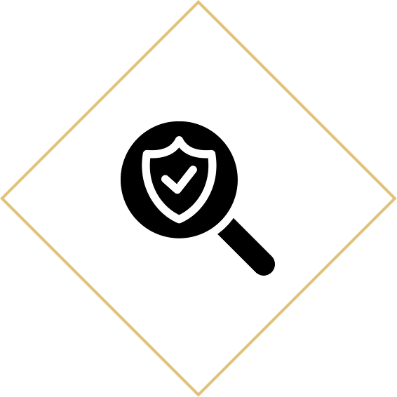 Magnifying glass with shield and checkmark.
