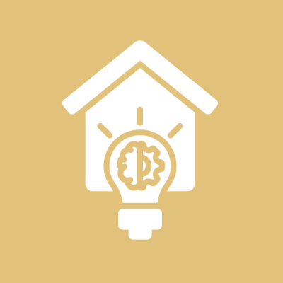 House with light bulb and gears icon.